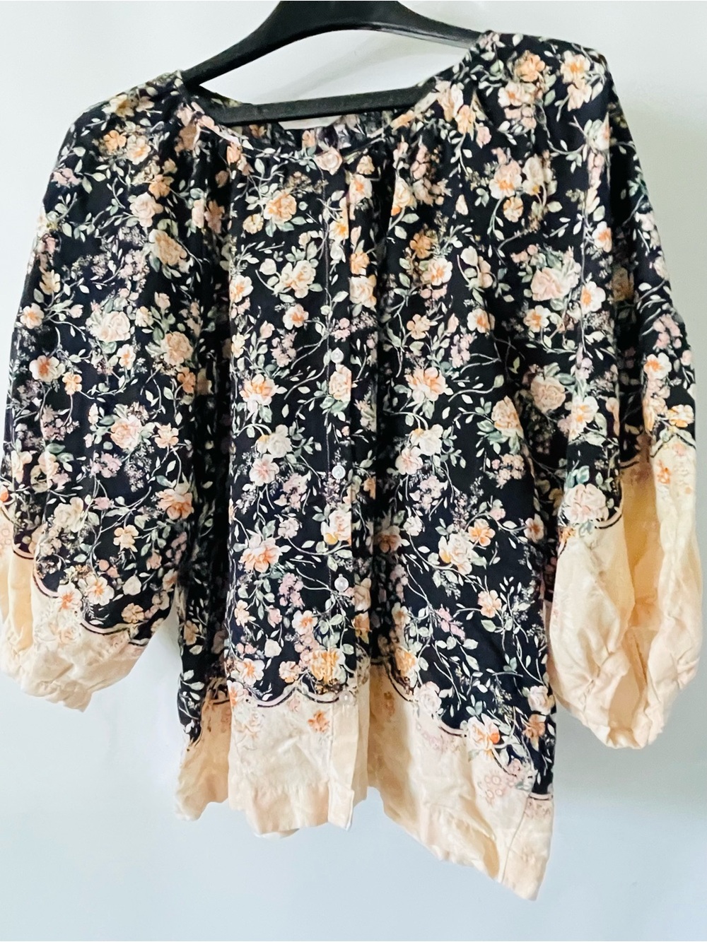 LC Lauren Conrad Black Floral Blouse with Peach Trim - Women Tops Boho